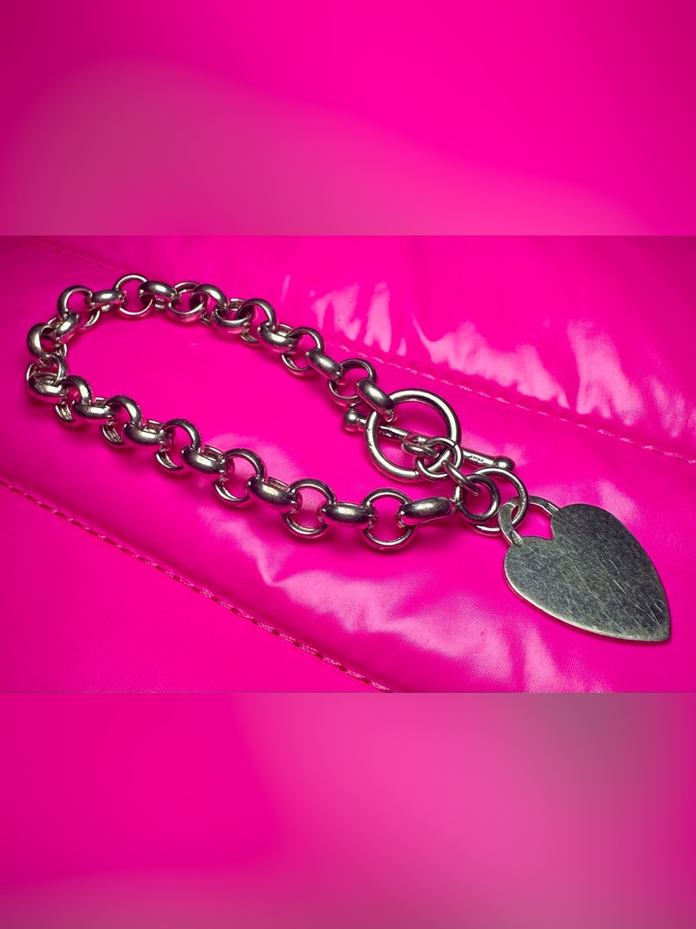 Vintage Italian 925 Sterling Silver Chunky Heart Toggle Bracelet 7”
